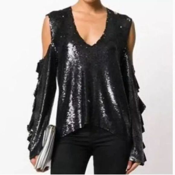 IRO Black Sequin Cold Shoulder Top NWT Size 38 (medium) - Picture 1 of 9